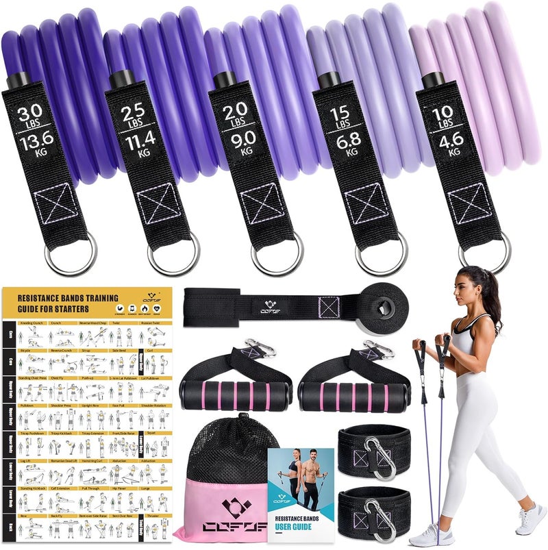 COFOF Resistance Bands with Handles for Women, 5 Level Exercise Bands Workout Bands for Physical Therapy, Yoga, Pilates, Door Anchor, Storage Pouch - Image 1